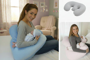 Collage of a woman breastfeeding a baby using a blue nursing pillow, a gray U-shaped pillow, and another woman with a white pillow.