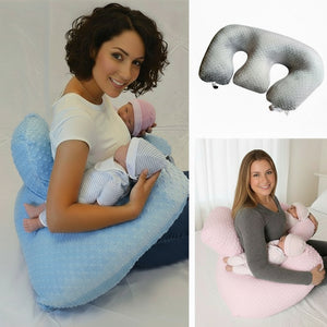 Collage of a woman breastfeeding a baby using a blue nursing pillow, a gray U-shaped pillow, and another woman with a white pillow.