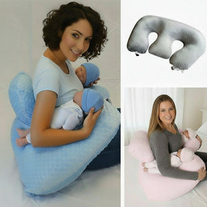 Two women using U-shaped pillows to support themselves and babies, with a close-up of a gray U-shaped pillow.