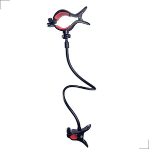 Black and red clamp with a flexible arm on a white background