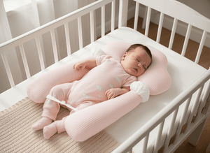 Baby sleeping in a crib with a pink U-shaped pillow