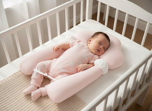 Baby sleeping in a crib with a pink U-shaped pillow