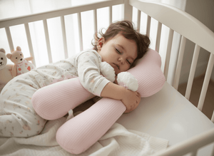 Child sleeping in a crib with a pink pillow and stuffed animal