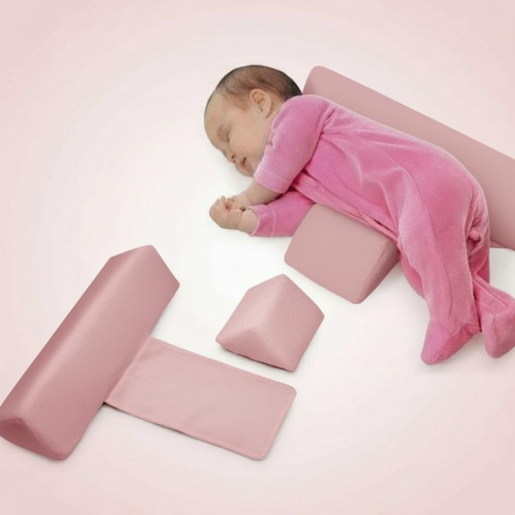 A newborn baby in pink sleepwear lying on a white anti-roll side sleeper pillow with removable cover, alongside a visual representation of the pillow's components.