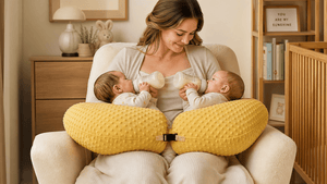 Woman holding two babies with a yellow nursing pillow in a cozy nursery.