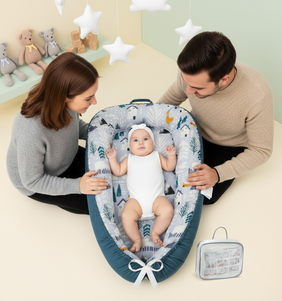 Baby in a portable crib with parents on a light-colored floor.