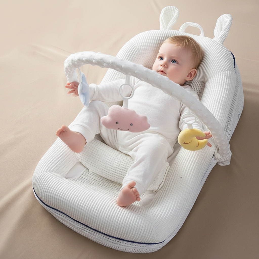 Baby lying on a white textured cushion with toys, sitting up with support from a white crib safety bar.