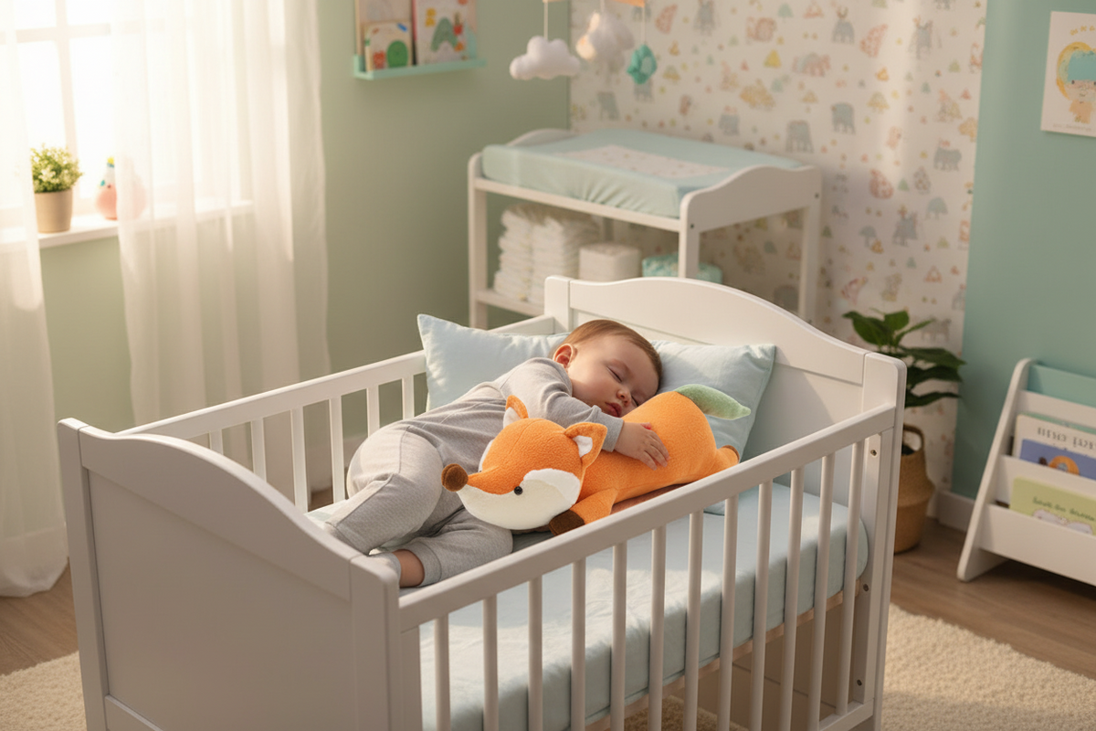Baby sleeping in a crib with an orange plush toy in a nursery.