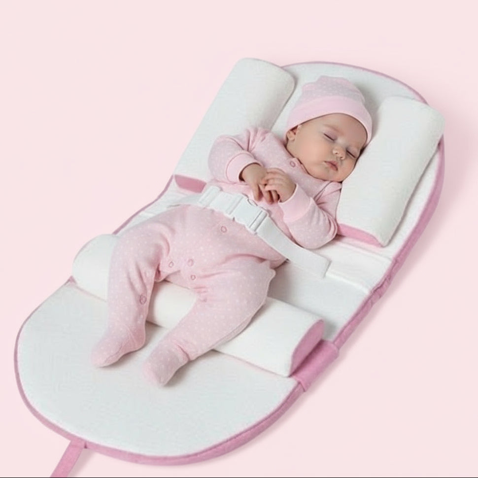 A baby lying on a green and white anti-reflux and anti-roll baby lounger bed.