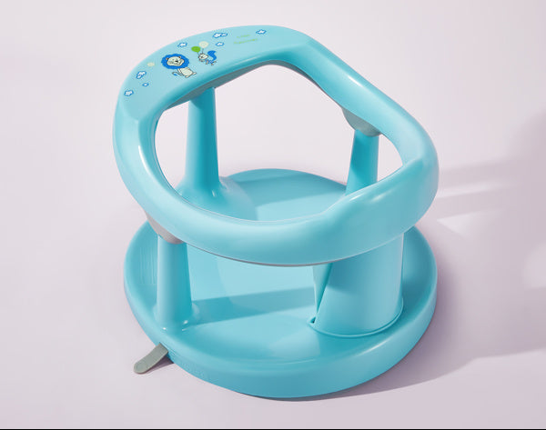 Blue baby bath seat with text about safety and environmental protection on a light gray background