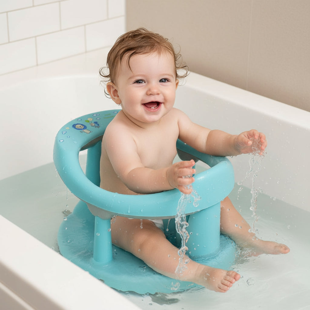 Blue baby bath seat with text about safety and environmental protection on a light gray background