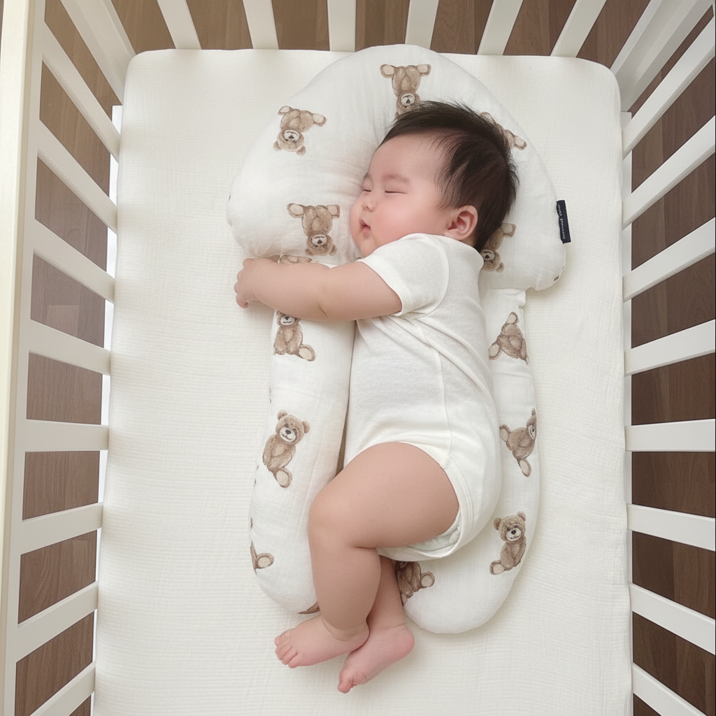 Baby sleeping on a white crib mattress with teddy bear pattern