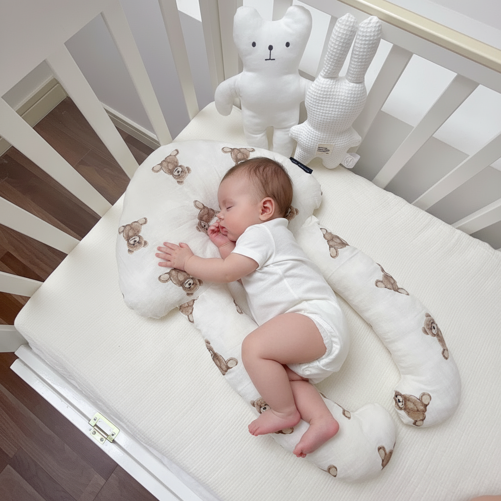 A baby lying on a white, solid patterned sleep pillow designed for infants.