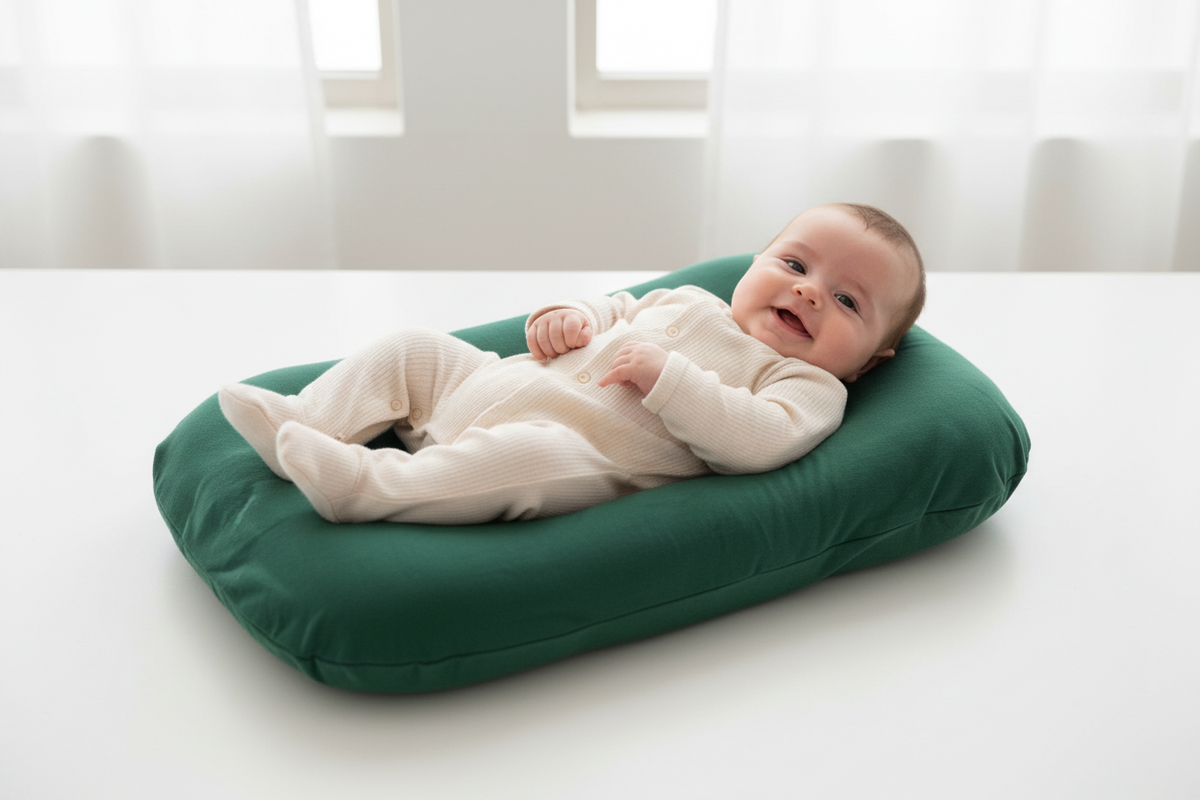 Baby lying on a green cushion in a bright room