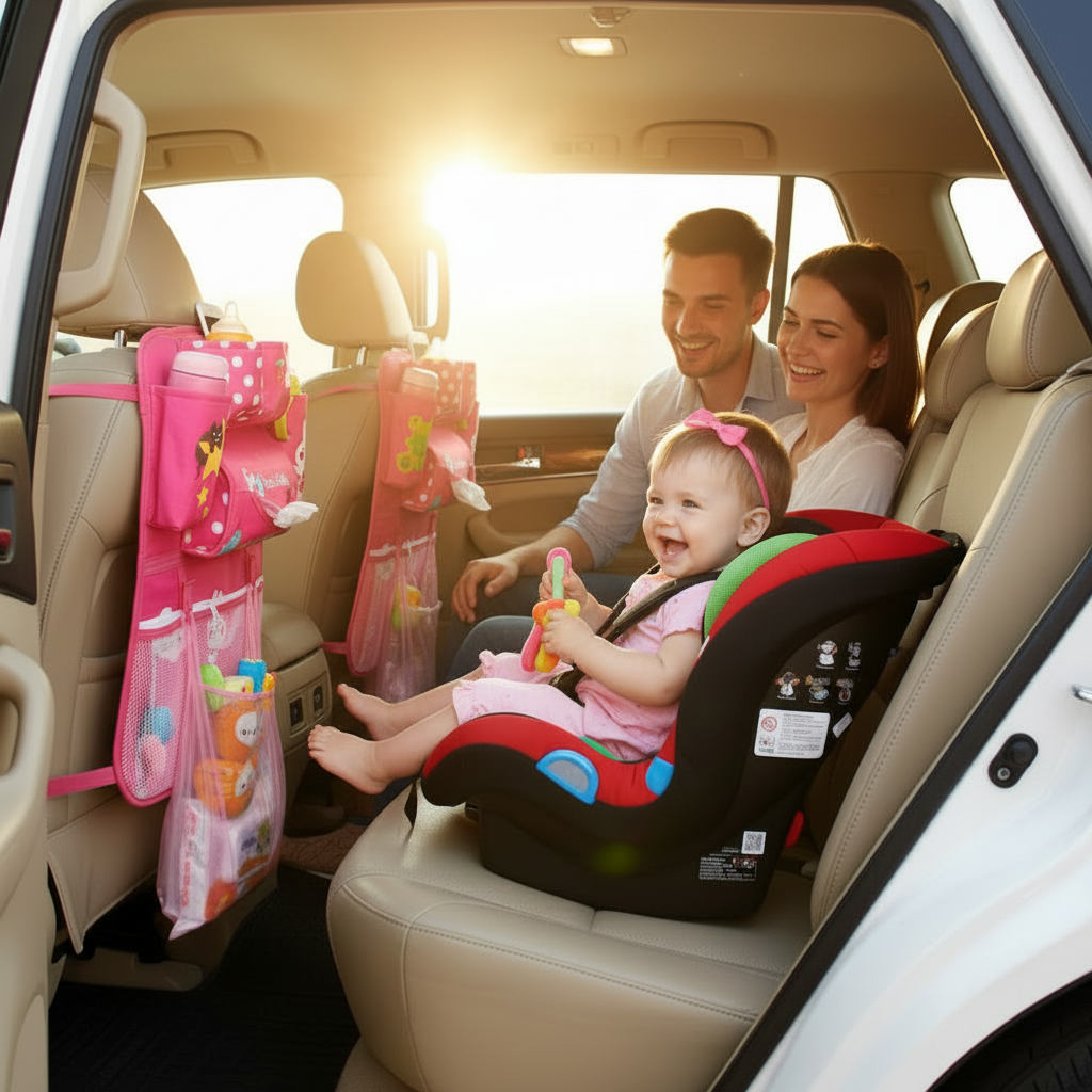 A family of three travels in a car, with a baby sitting in a red and black car seat on the back while a man and woman smile in the front. Pink hanging car organizer pockets filled with toys are attached to the front seats.