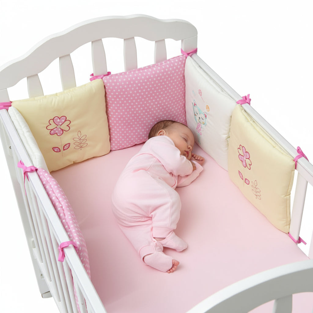 Crib with pink and yellow bedding featuring floral designs on a white background