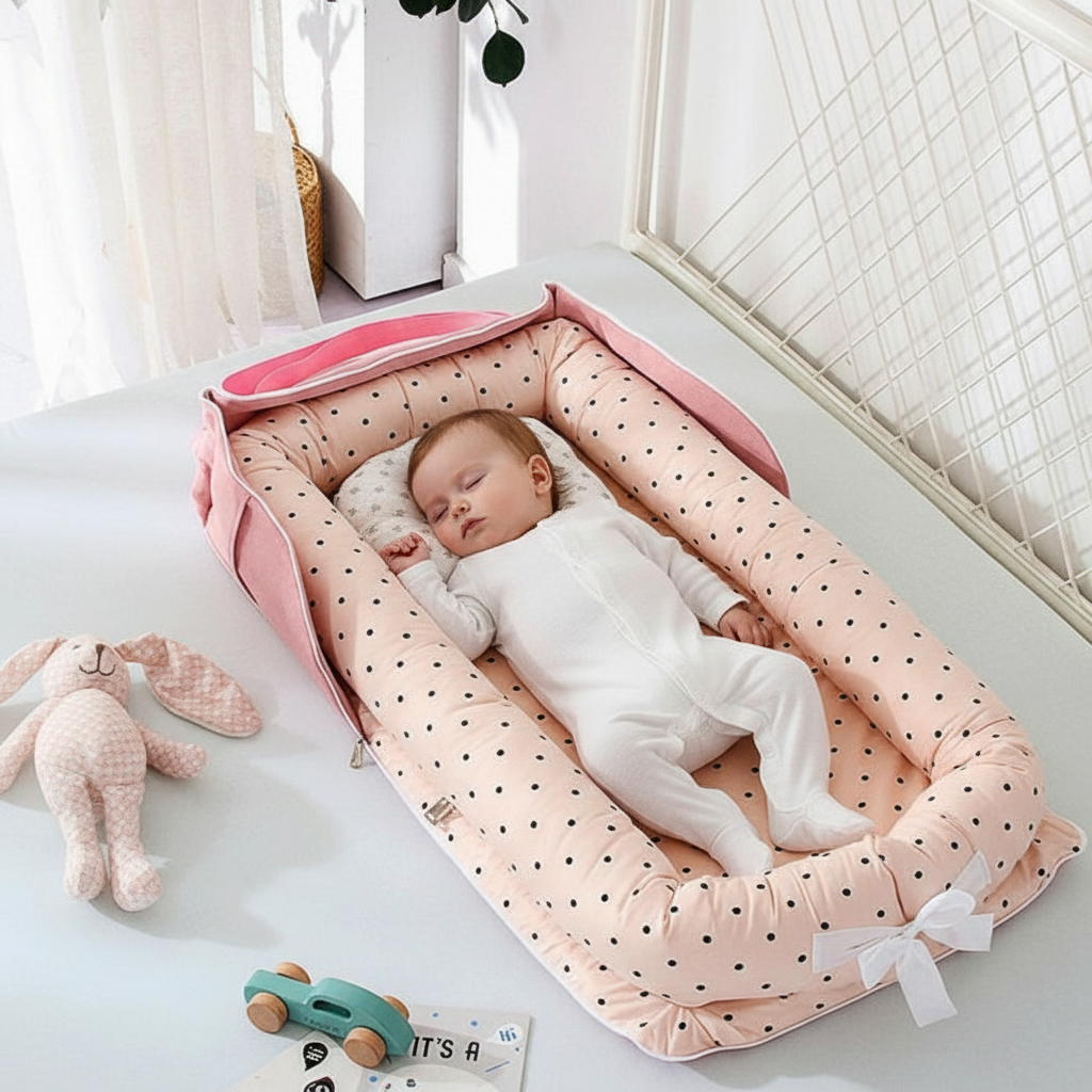 Baby sleeping in a pink polka dot crib with toys around