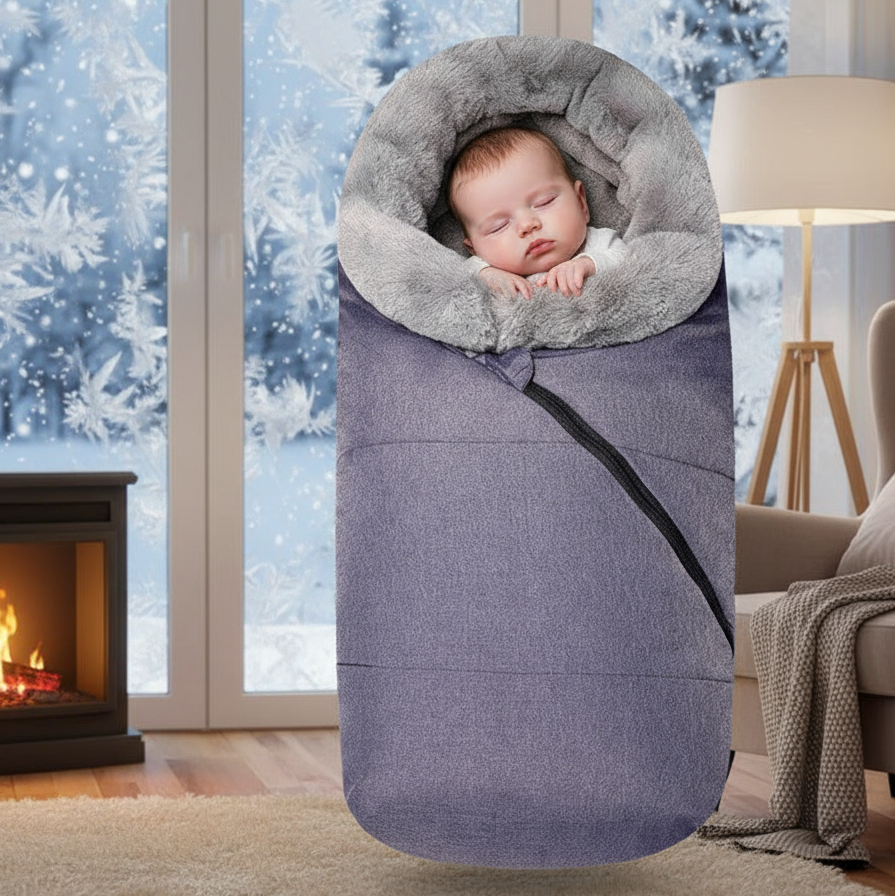 Baby sleeping in a gray and purple swaddle blanket with a snowy window and fireplace in the background.
