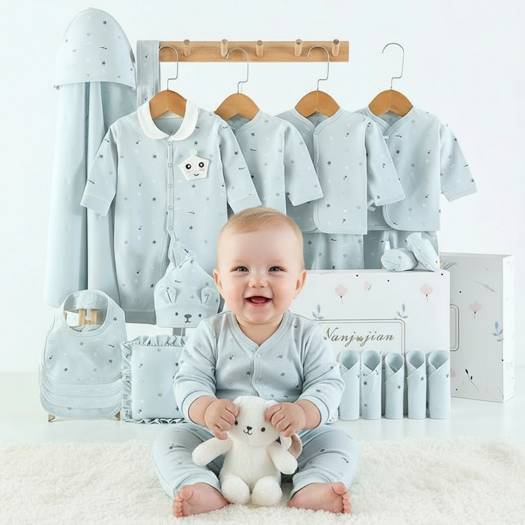 Collection of baby clothing and accessories on hangers with a branded box in the background.