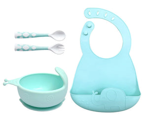 Light blue baby feeding set with bowl, bib, and utensils on a white background