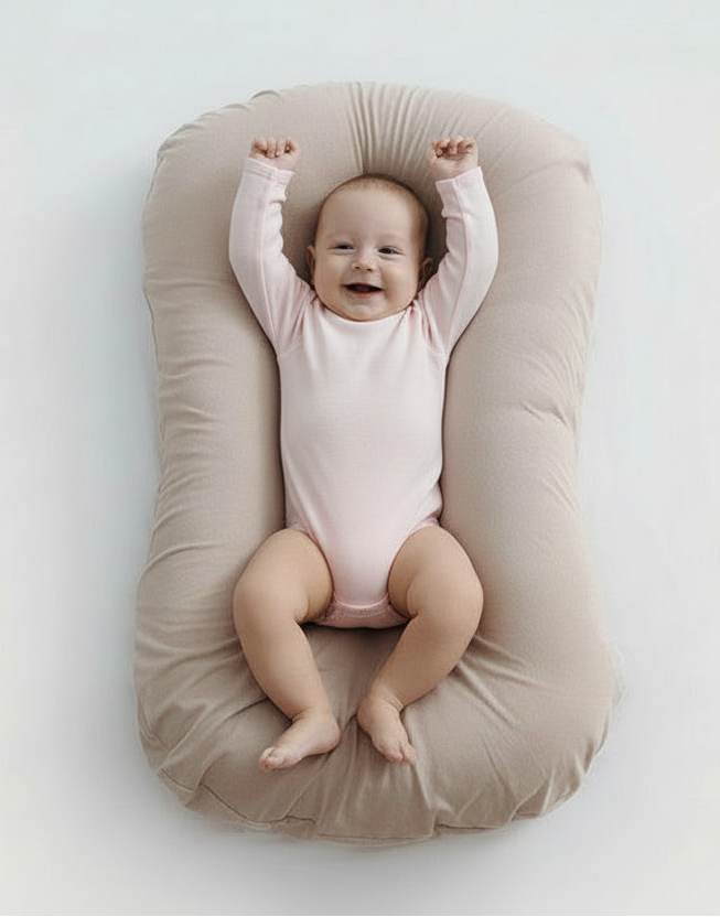 Baby lying on a beige baby lounger against a white background