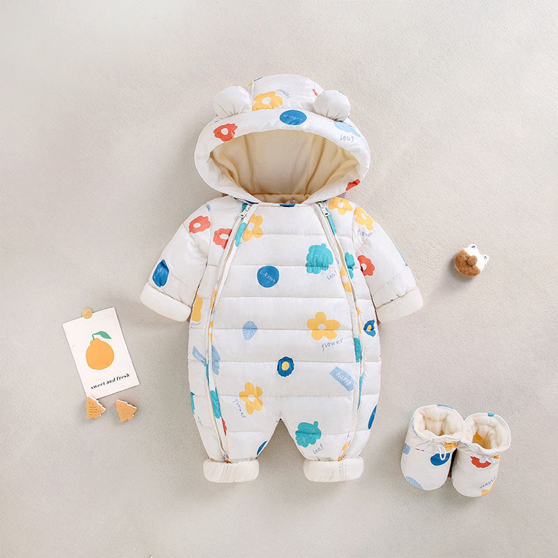 Baby snowsuit with colorful floral patterns and matching booties on a neutral background