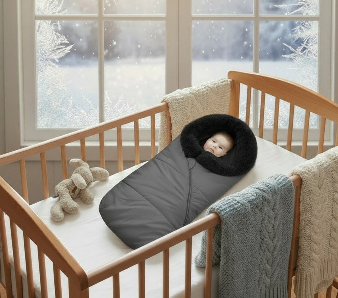 Baby in a gray swaddle in a wooden crib with a snowy window view.