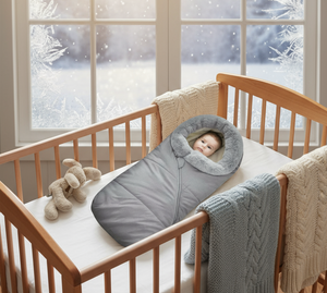 Baby in a gray swaddle in a wooden crib with a snowy window view.