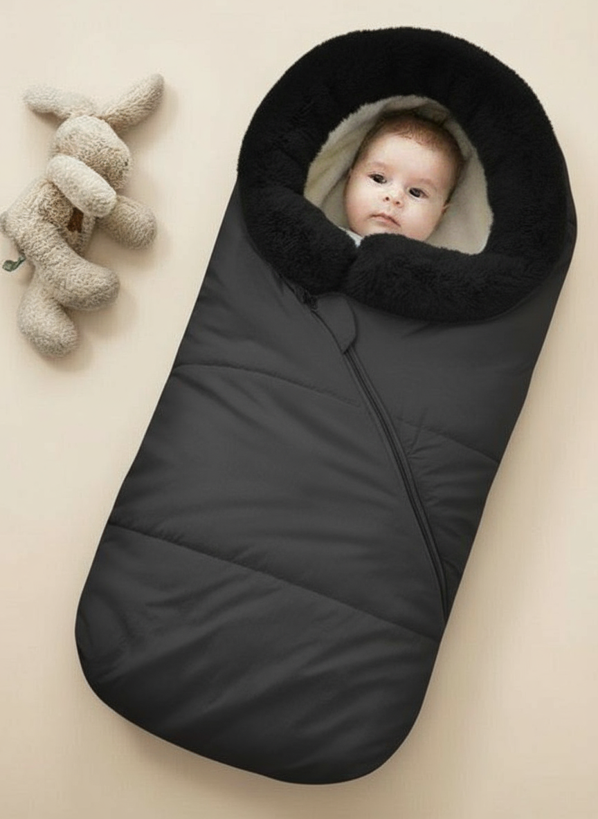Baby wrapped in a black sleeping bag with a beige background