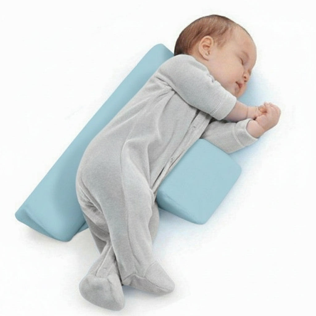 Baby sleeping peacefully on a white surface with a blue swaddle blanket.