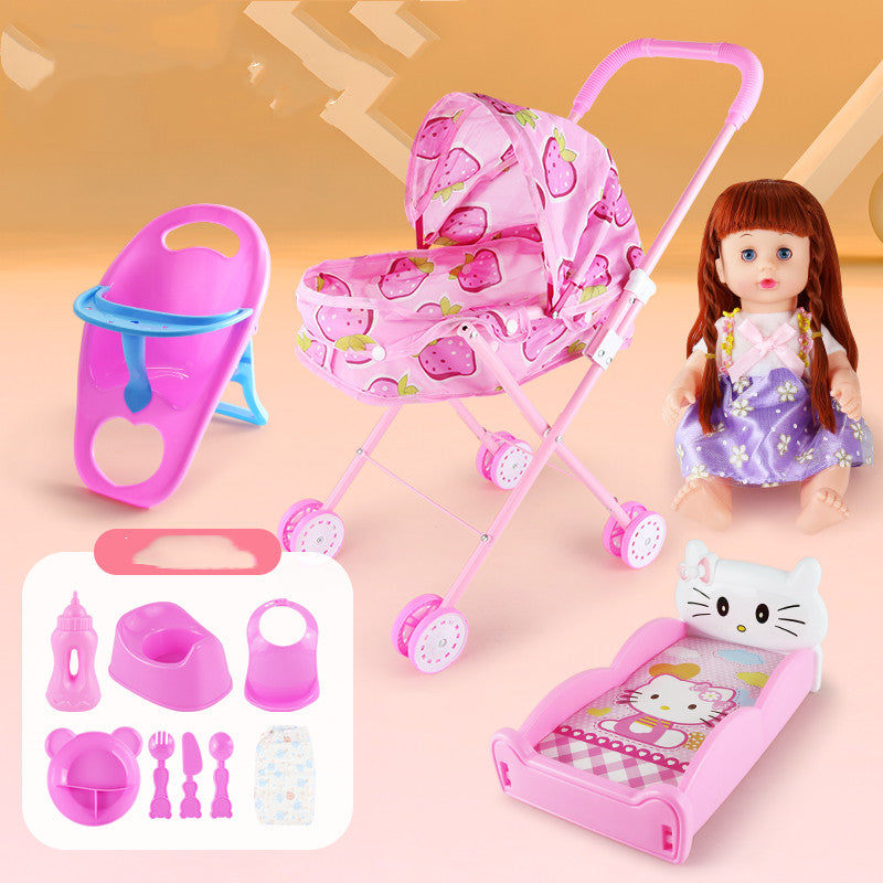 Collection of pink toy baby items including a stroller, crib, and accessories on a beige background.