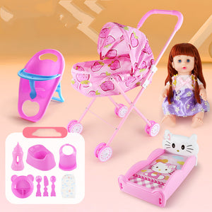 Collection of pink toy baby items including a stroller, crib, and accessories on a beige background.