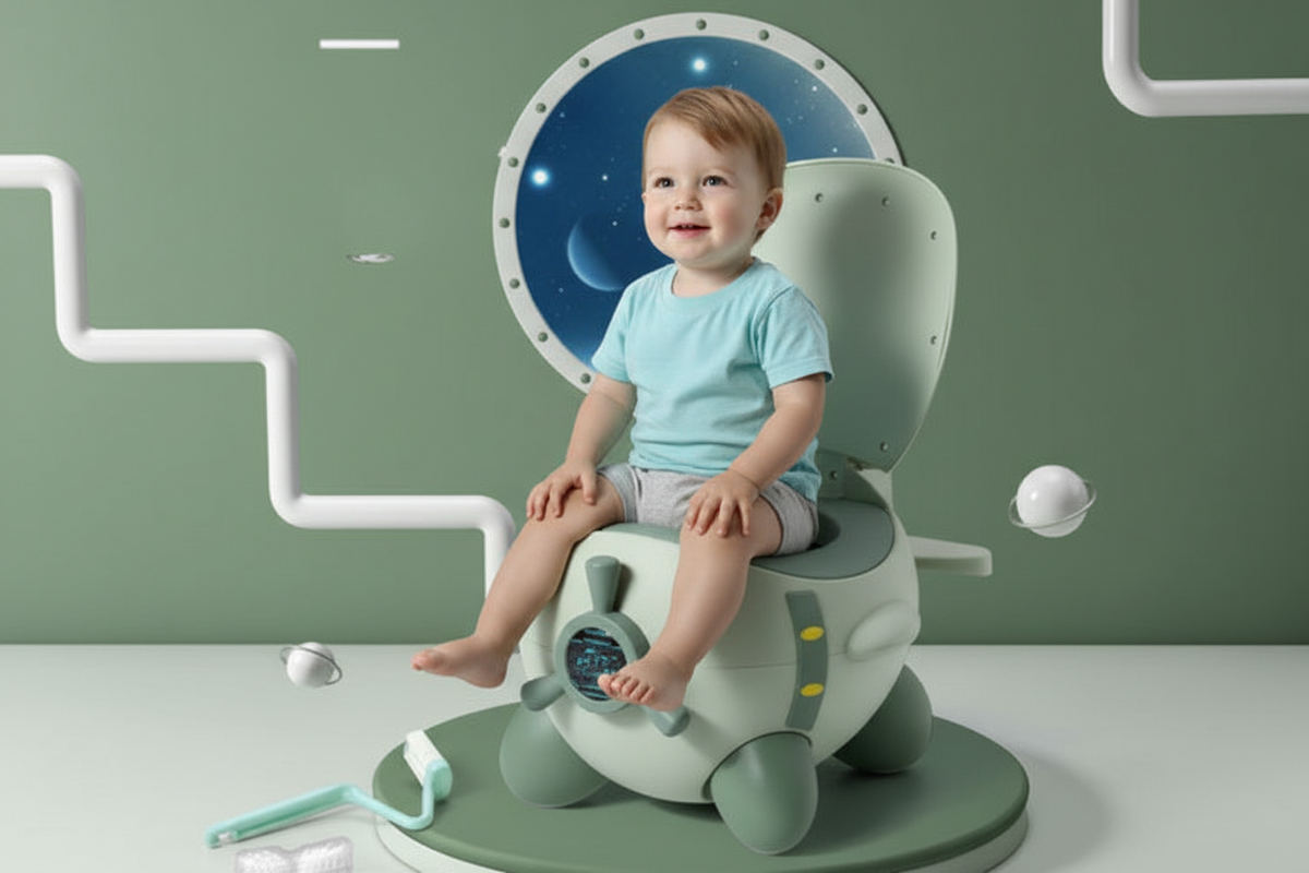 Child sitting on a space-themed potty chair with a green wall and white floor in the background.