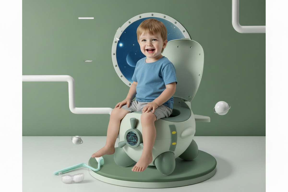 Child sitting on a space-themed potty chair with a green background