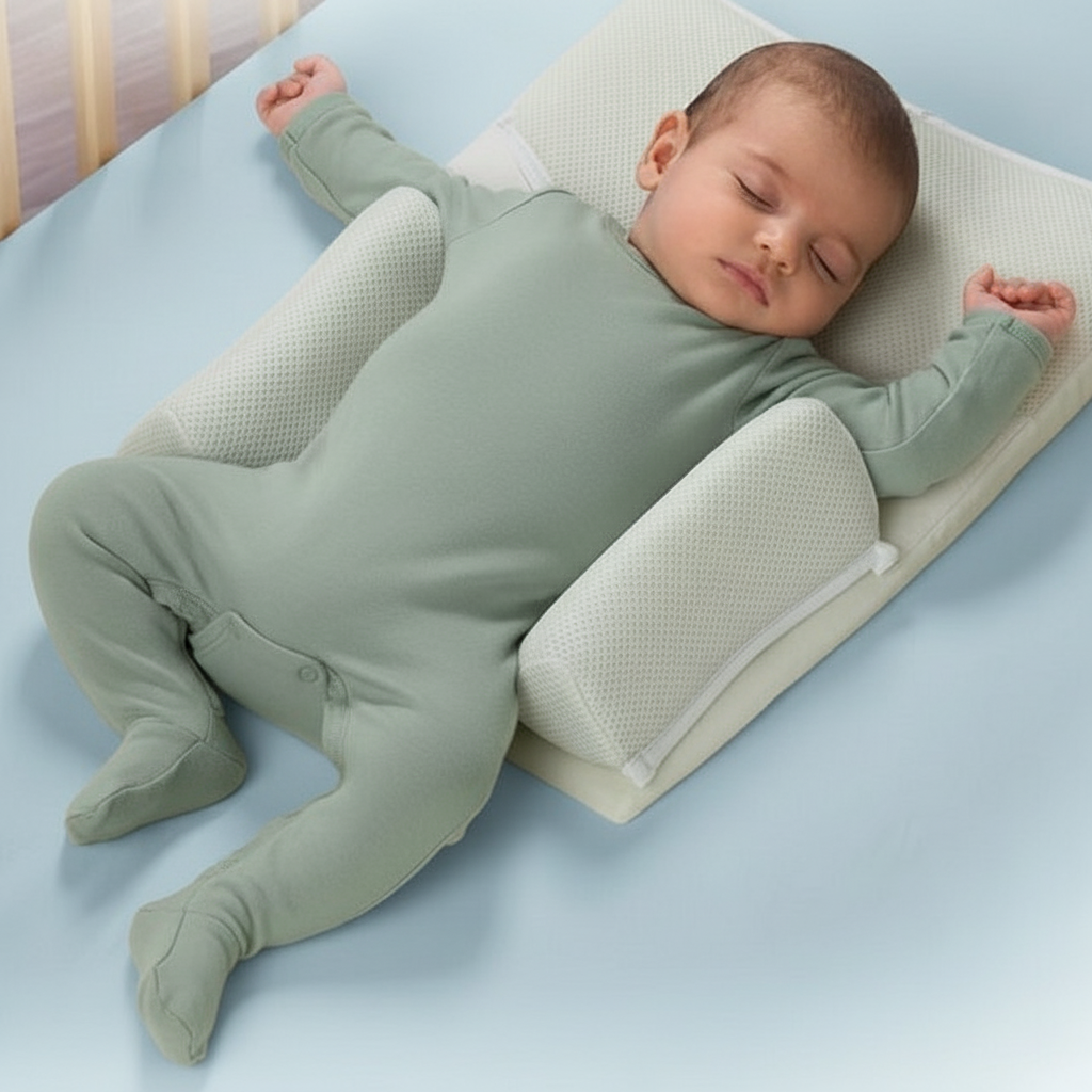 Baby sleeping on a foam pillow with a blue background