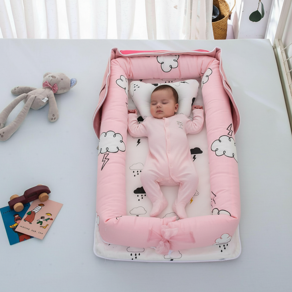 Baby lying in a pink crib with cloud patterns, surrounded by toys on a light surface.