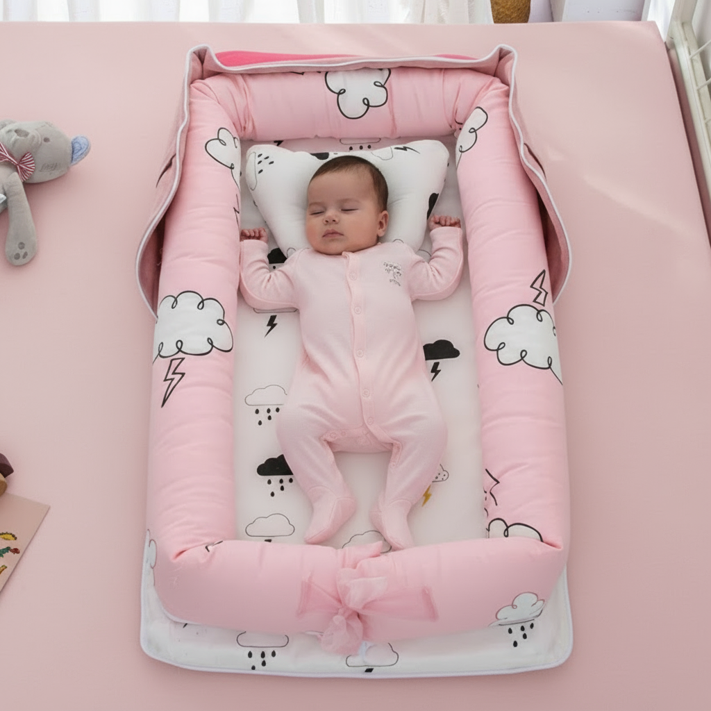 Baby lying in a pink crib with cloud patterns on a pink blanket.
