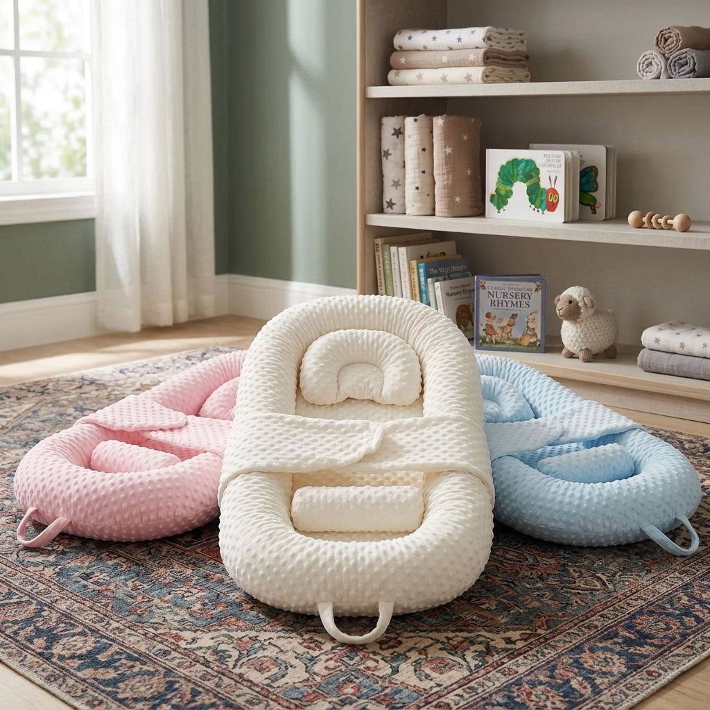 Three baby bouncers in pink, white, and blue on a patterned rug with books and toys in the background.