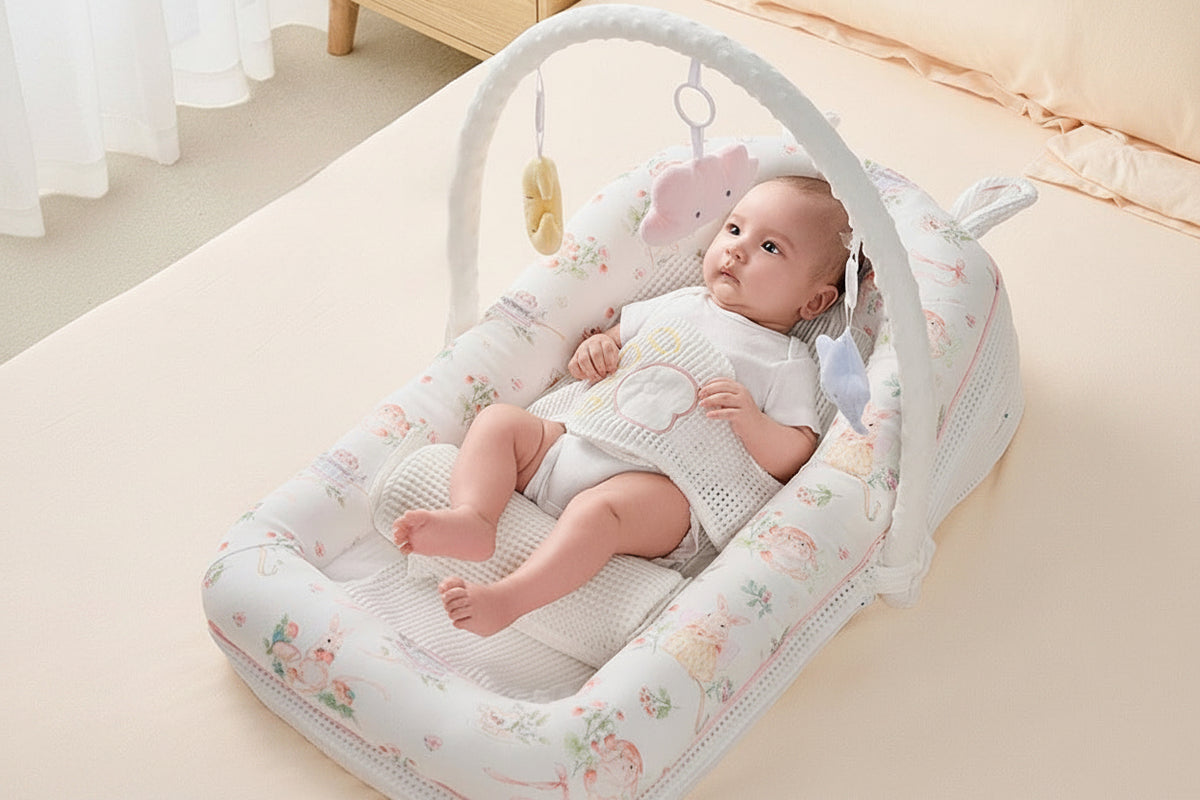 A baby lies on a floral anti-slip bedside crib bassinet with an arch toy overhead, placed in a softly lit nursery. Text on the left reads 'Anti-spit-up bedside crib,' and two gold badges at the bottom mention food-grade and 7A antibacterial features.