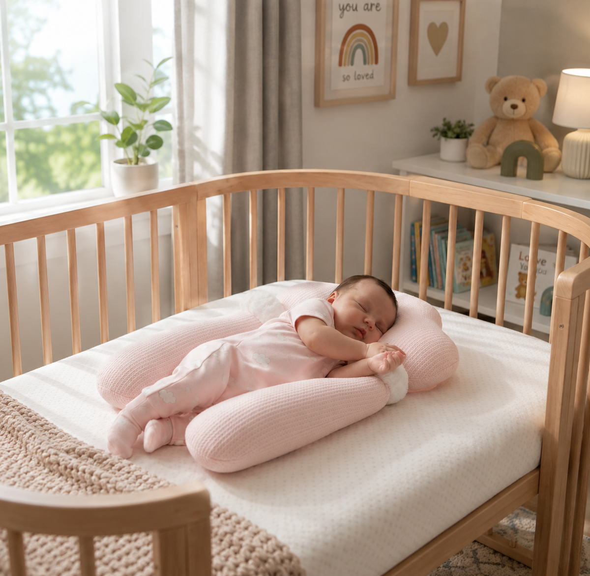 Baby sleeping on a pink pillow in a crib with a teddy bear and decor in the background