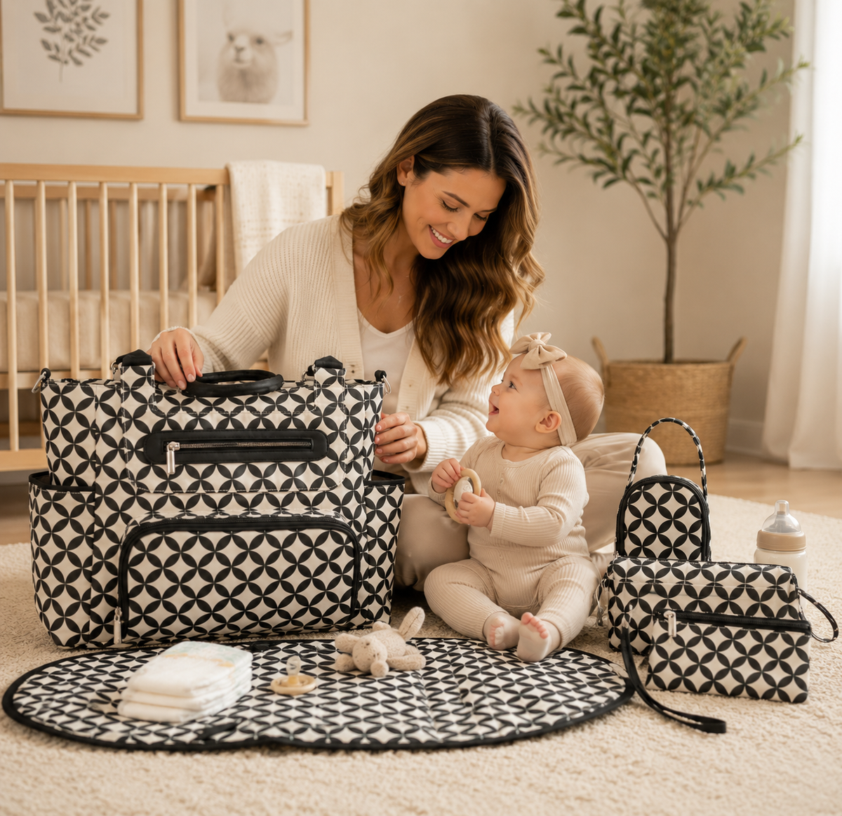 Woman with a baby surrounded by patterned diaper bags in a home setting