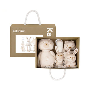 Set of soft toy animals in a box with Kakiblin branding on a white background