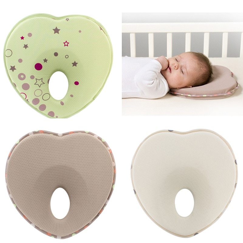 A collage of four images showing a heart-shaped newborn baby anti-flat head and positioning pillow. The top left image displays the pillow with decorative patterns.