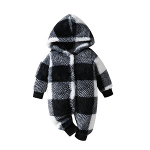 Baby Hooded Plaid Fluffy Fleece Long-Sleeve Romper