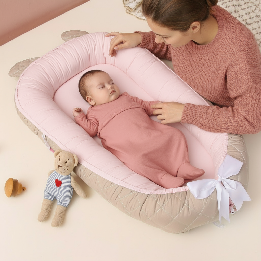 Baby in a pink crib with a woman and a teddy bear on a light background