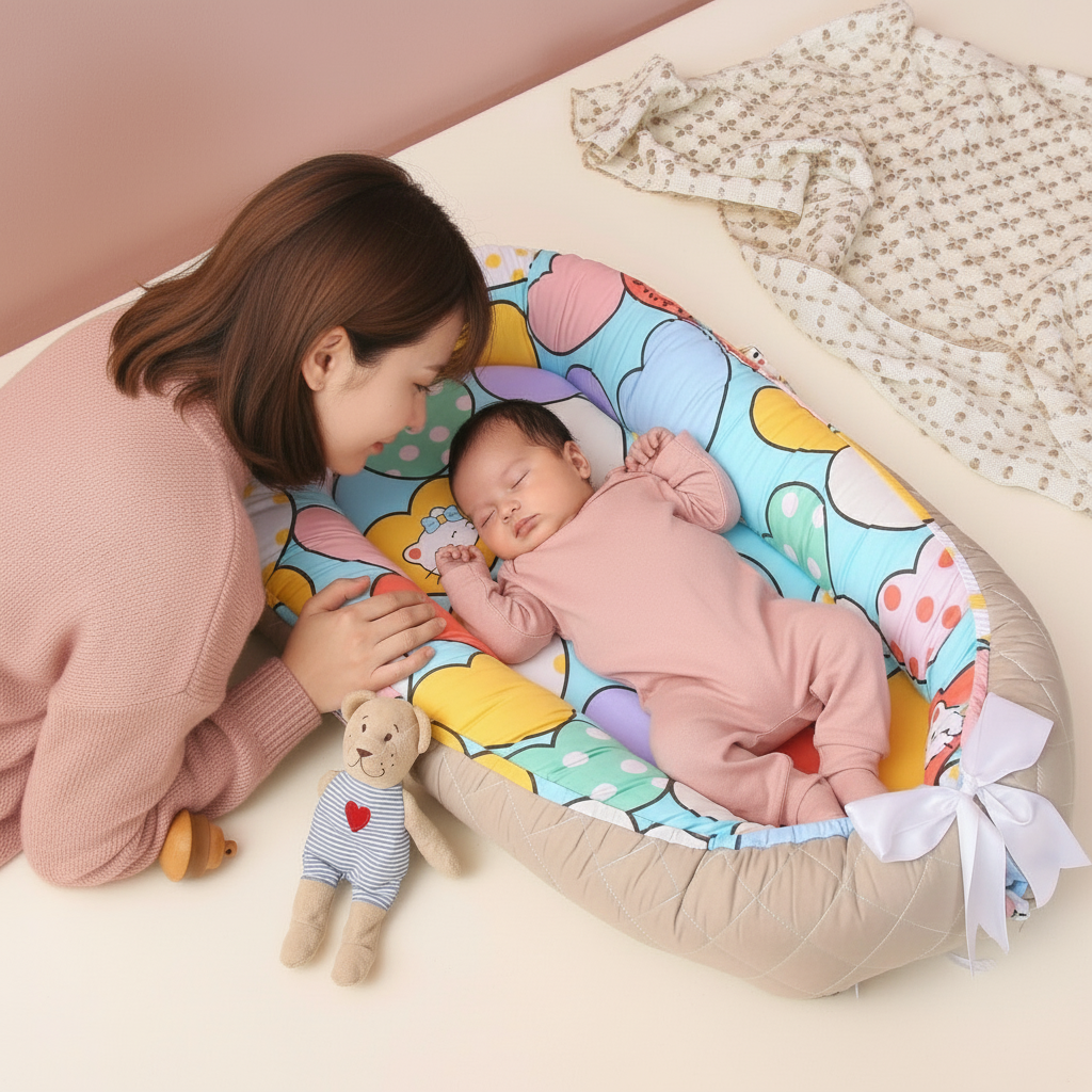 Woman and baby in a colorful baby nest with a teddy bear on a pink surface