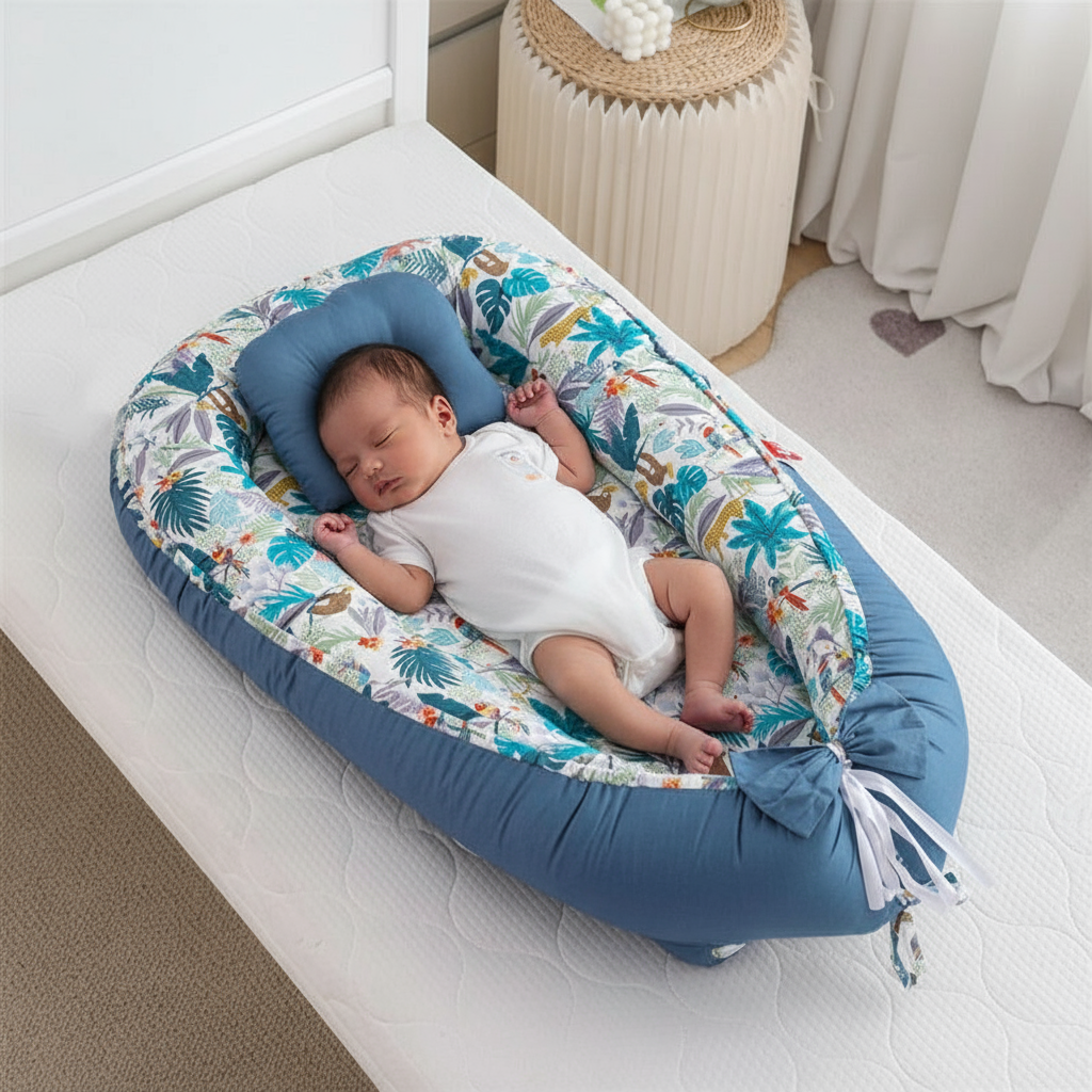 Baby sleeping in a blue and patterned baby nest on a white surface.