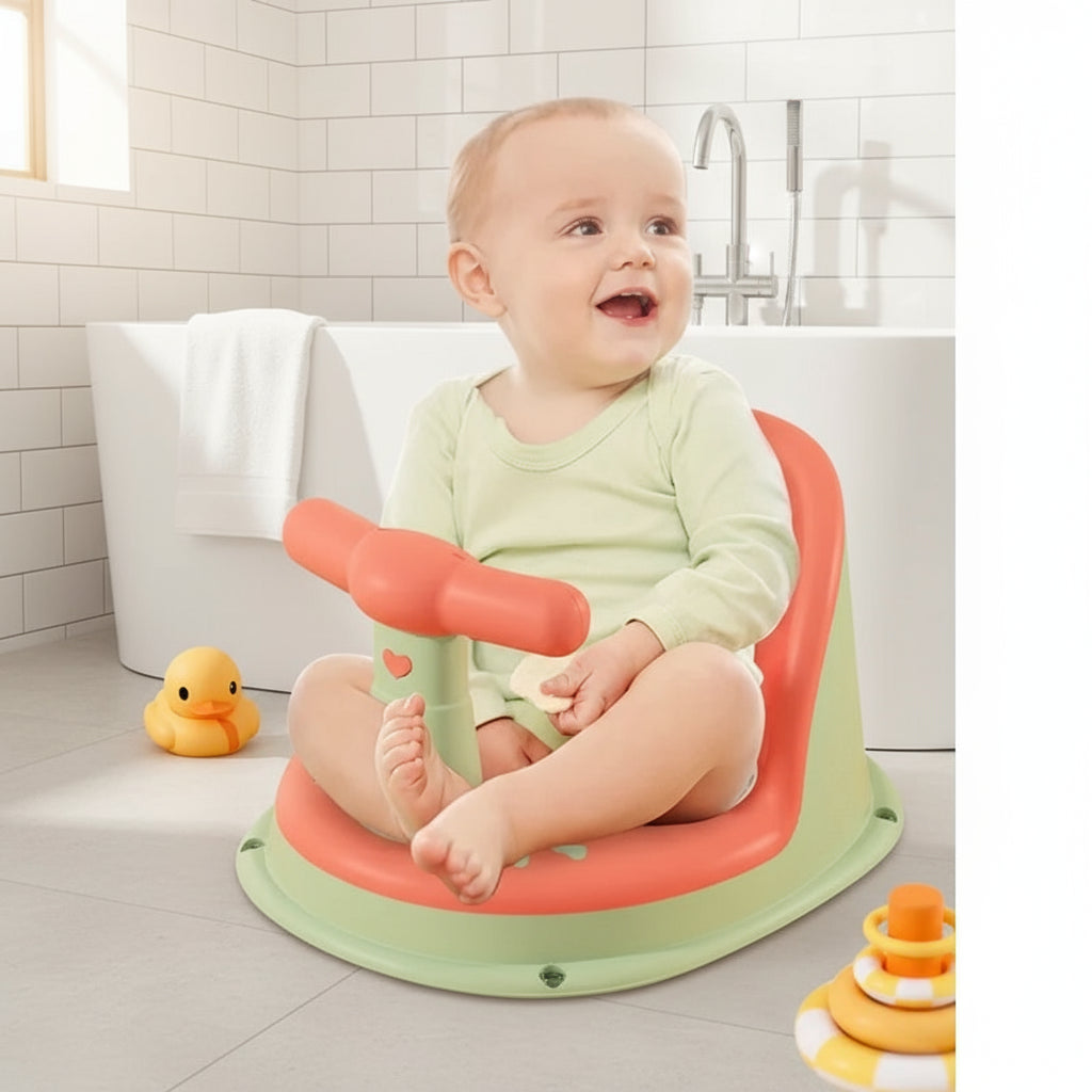 Baby sitting on a green and orange bath seat in a bathroom.