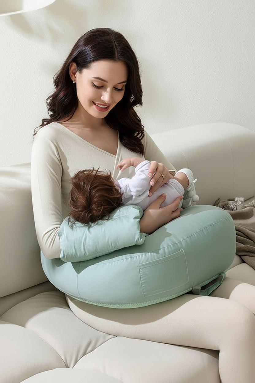 A woman sitting on a couch using the CozyLatch Ultimate Comfort Nursing Pillow to breastfeed a baby.