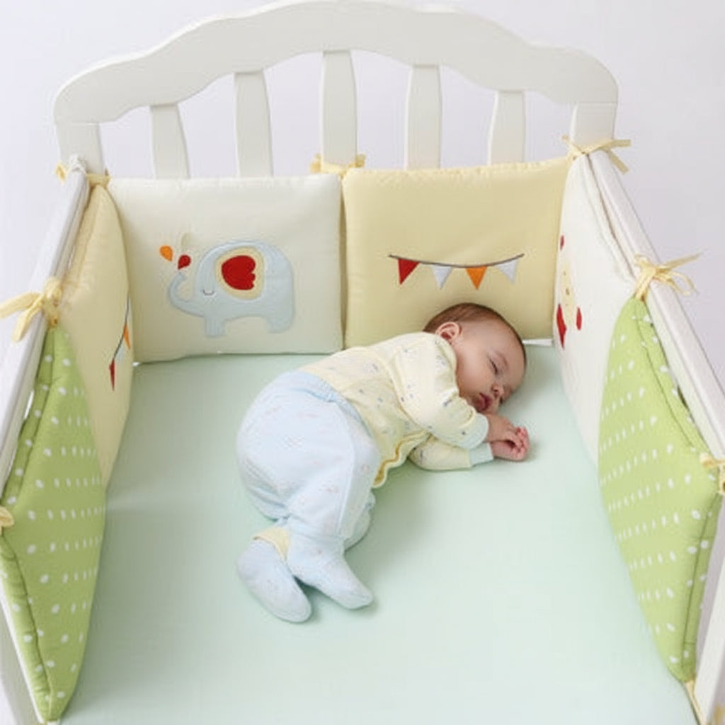 Crib bumper with animal face designs on a white crib